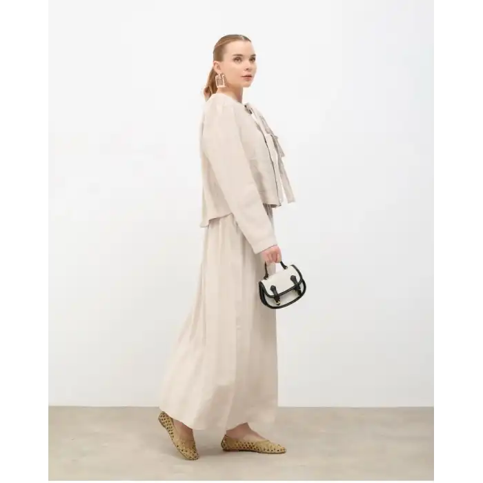 Bej Önden Bağlamalı Ceket Etek takım