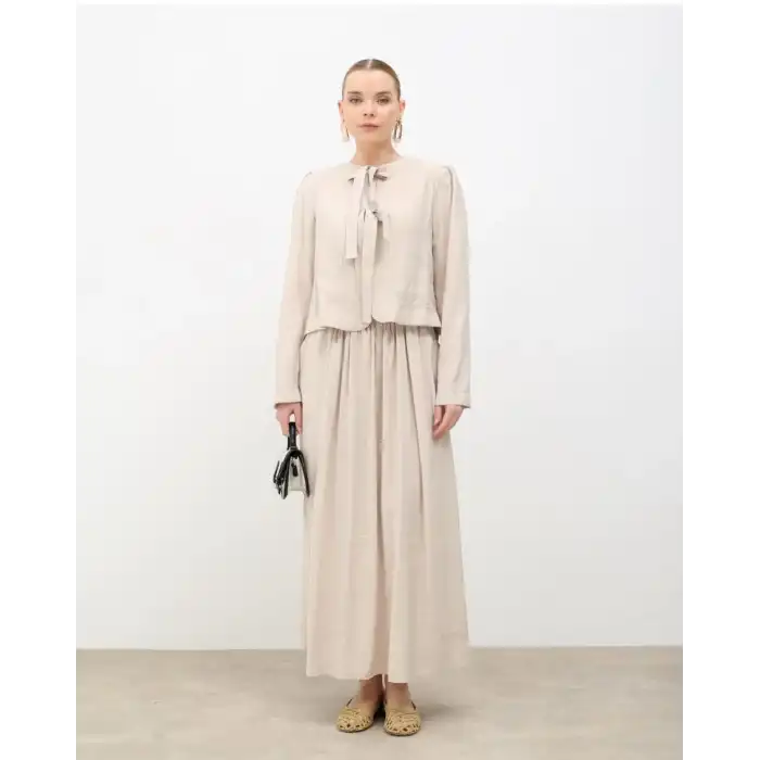 Bej Önden Bağlamalı Ceket Etek takım