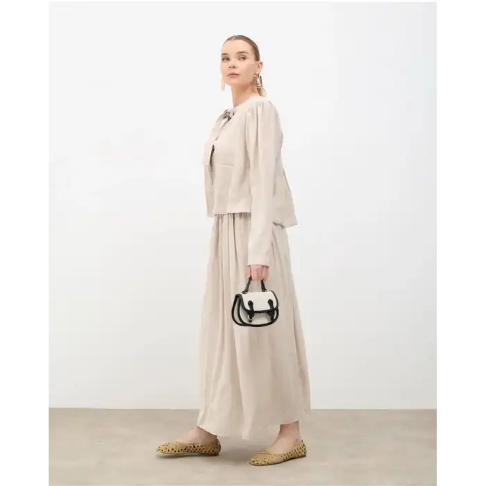 Bej Önden Bağlamalı Ceket Etek takım