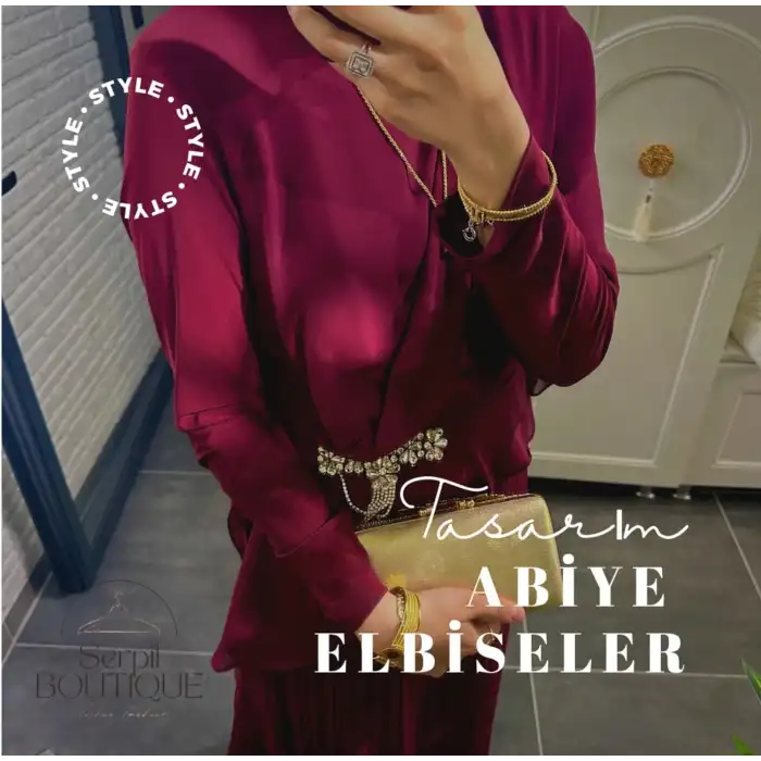 Bordo Taş detaylı pileli abiye