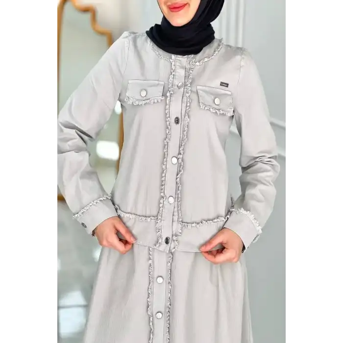 GRİ Doğal Şıklığın İmzası Boydan Düğmeli Kot Etek Takım