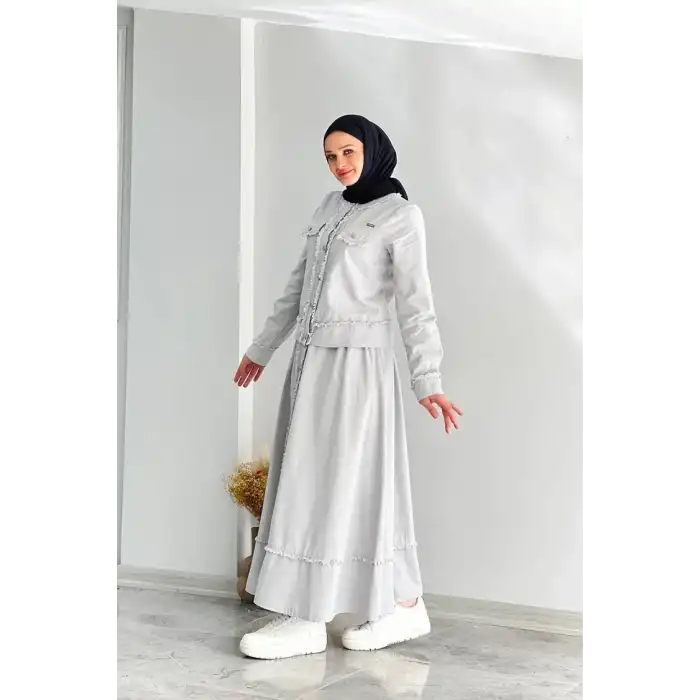 GRİ Doğal Şıklığın İmzası Boydan Düğmeli Kot Etek Takım