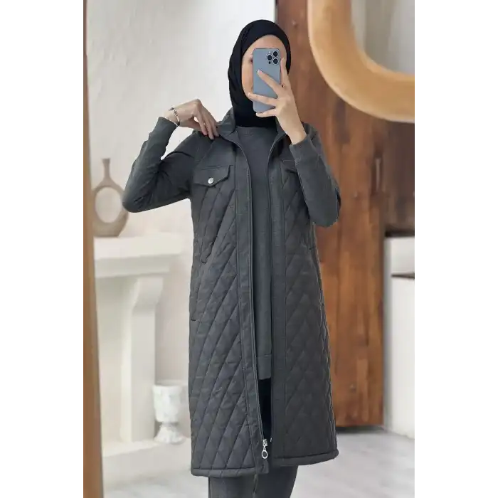 FÜME Kapitone Zarafetiyle Kapüşonlu Üçlü Takım