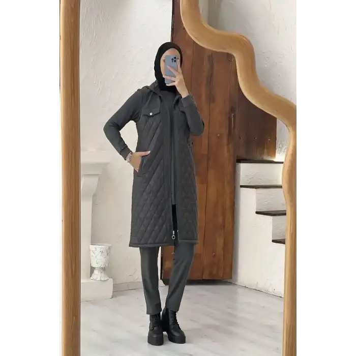 FÜME Kapitone Zarafetiyle Kapüşonlu Üçlü Takım