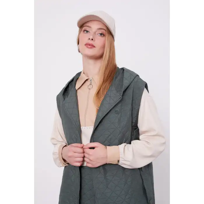 HAKİ Kapitone Kapüşonlu Yelekli İkili Takım