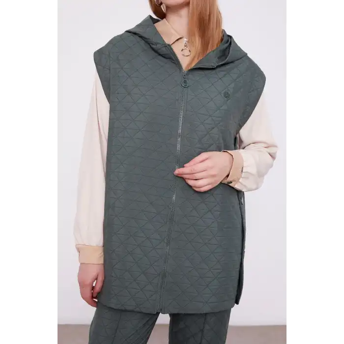 HAKİ Kapitone Kapüşonlu Yelekli İkili Takım