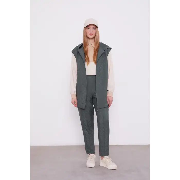 HAKİ Kapitone Kapüşonlu Yelekli İkili Takım