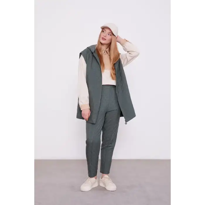 HAKİ Kapitone Kapüşonlu Yelekli İkili Takım