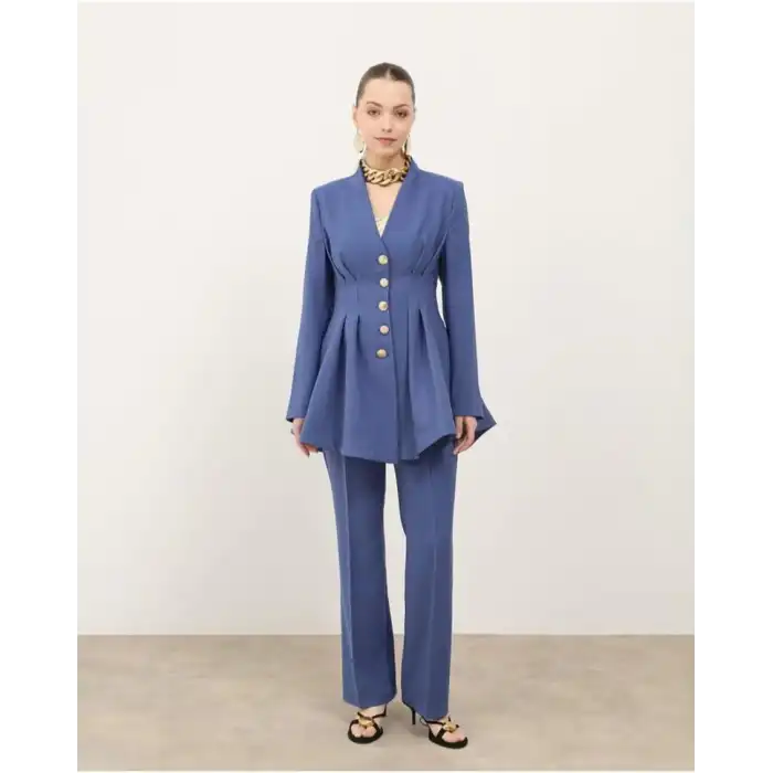 İndigo Ceketi Pileli ikili takım