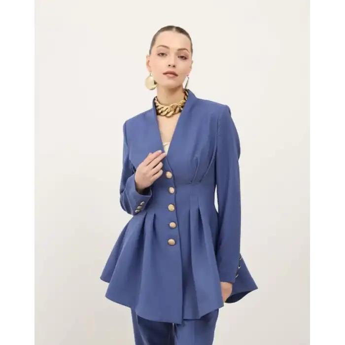 İndigo Ceketi Pileli ikili takım