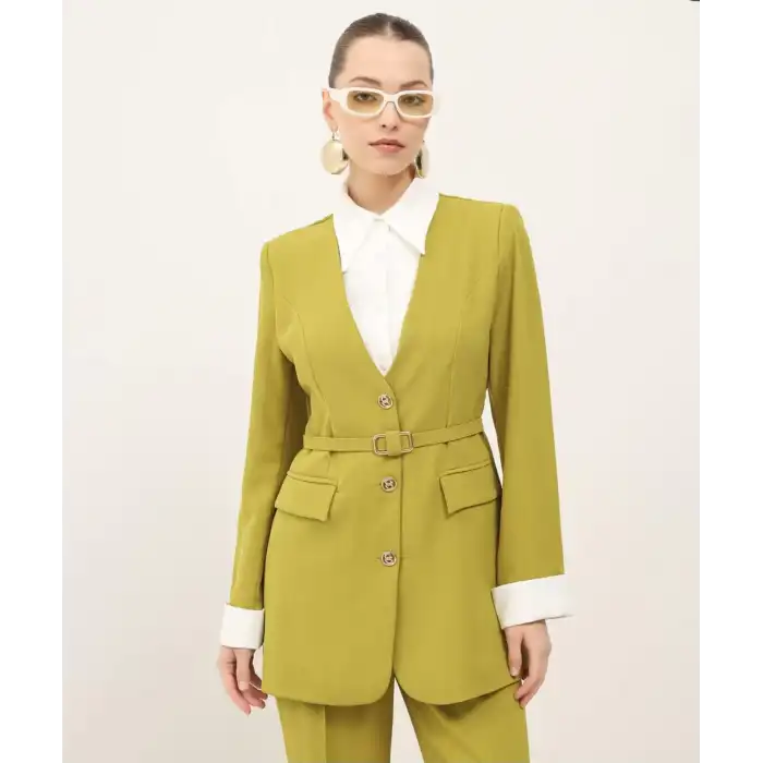 Yağ yeşili gömlek yakalı ceket pantolon ikili takım