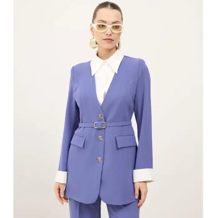 İndigo gömlek yakalı ceket pantolon ikili takım