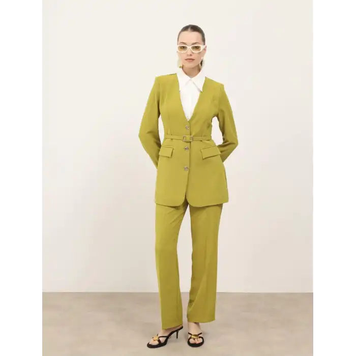 Yağ yeşili gömlek yakalı ceket pantolon ikili takım