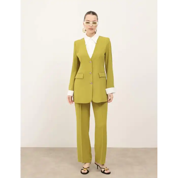 Yağ yeşili gömlek yakalı ceket pantolon ikili takım