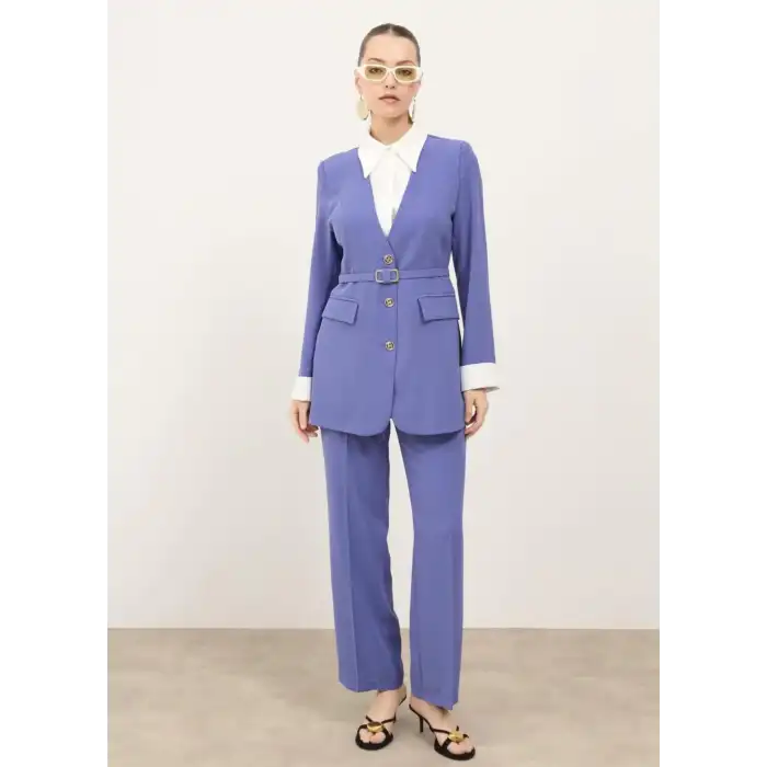 İndigo gömlek yakalı ceket pantolon ikili takım