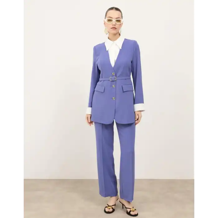 İndigo gömlek yakalı ceket pantolon ikili takım