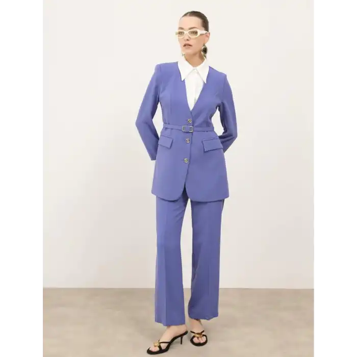 İndigo gömlek yakalı ceket pantolon ikili takım