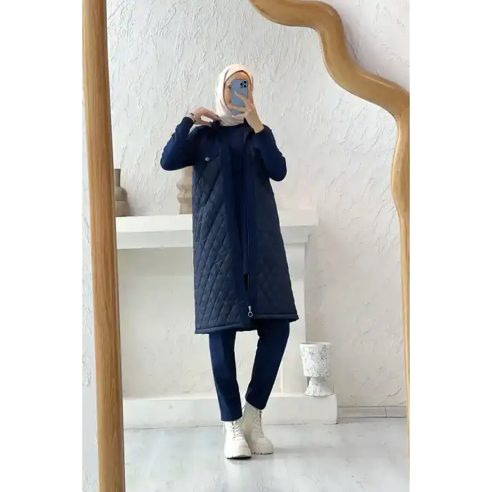 LACİVERT Kapitone Zarafetiyle Kapüşonlu Üçlü Takım