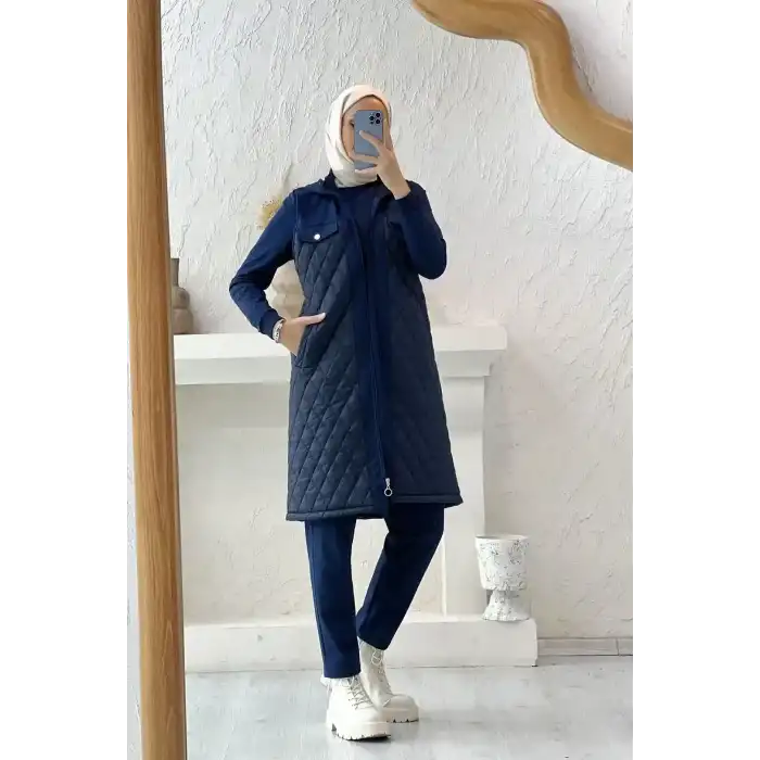 LACİVERT Kapitone Zarafetiyle Kapüşonlu Üçlü Takım