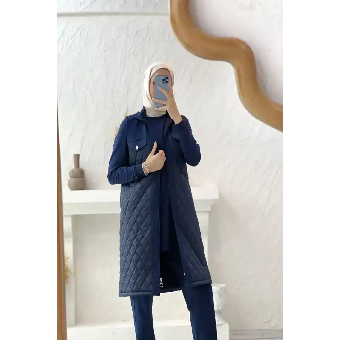 LACİVERT Kapitone Zarafetiyle Kapüşonlu Üçlü Takım