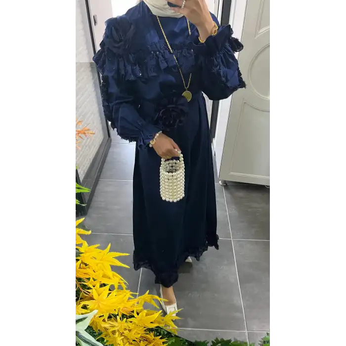 Lacivert Çiçek detaylı elbise