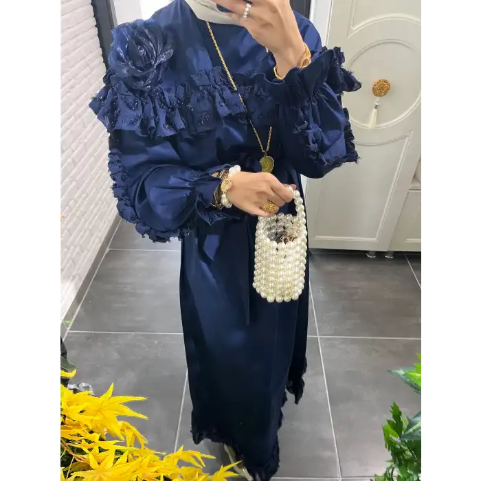 Lacivert Çiçek detaylı elbise