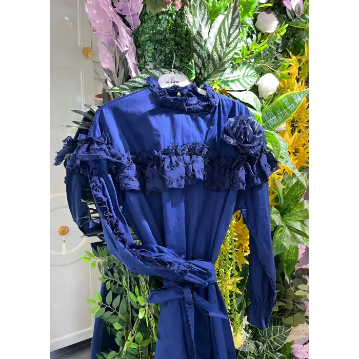 Lacivert Çiçek detaylı elbise