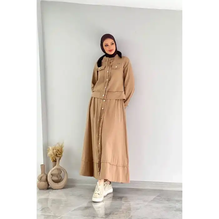 LATTE Doğal Şıklığın İmzası Boydan Düğmeli Kot Etek Takım