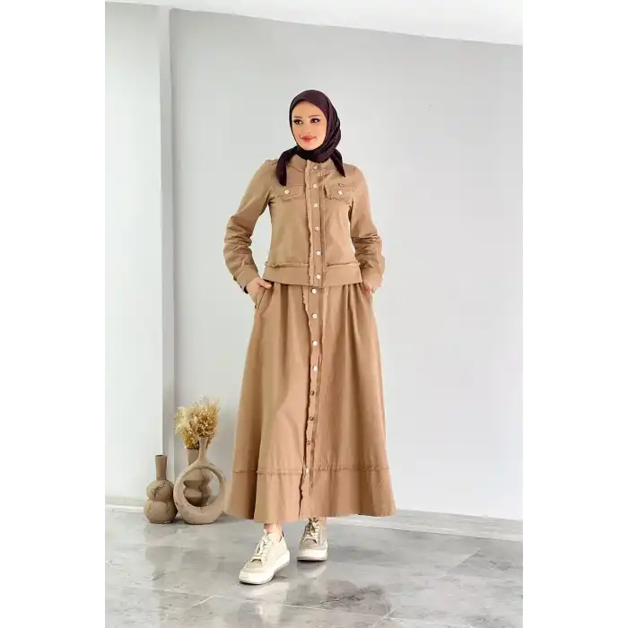 LATTE Doğal Şıklığın İmzası Boydan Düğmeli Kot Etek Takım