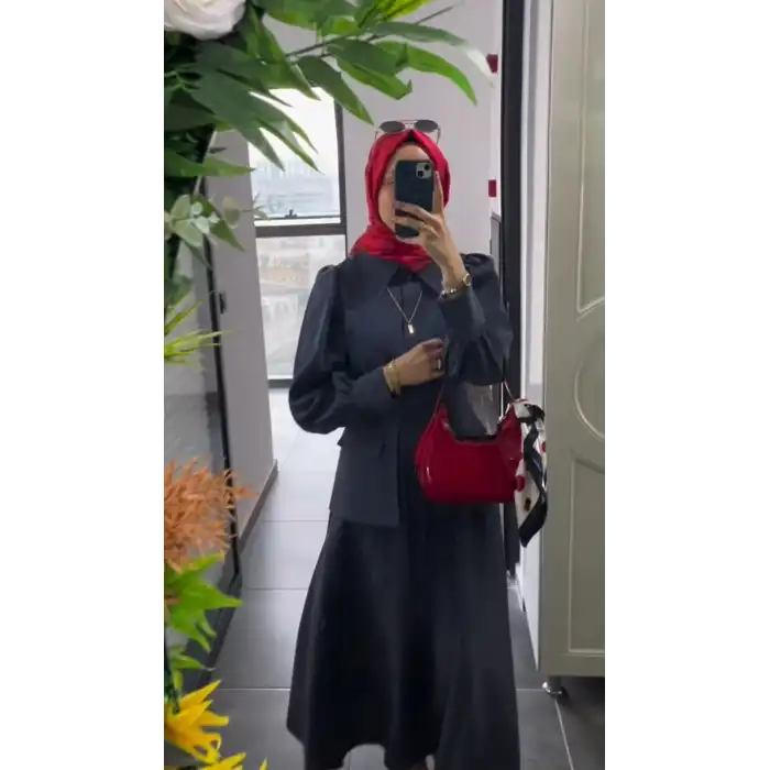 Mavi Cep kemer detaylı kupra elbise