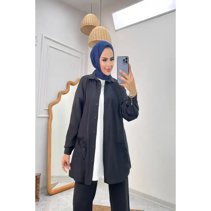 SİYAH Nakış İşlemeli ve Düğmeli Viscon Tensel Kumaş İkili Takım