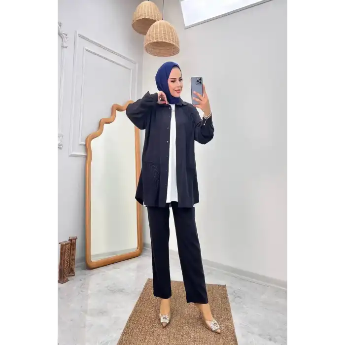 SİYAH Nakış İşlemeli ve Düğmeli Viscon Tensel Kumaş İkili Takım