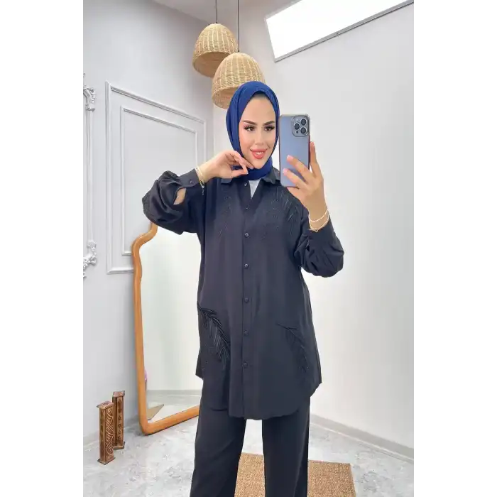 SİYAH Nakış İşlemeli ve Düğmeli Viscon Tensel Kumaş İkili Takım