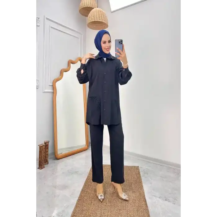 SİYAH Nakış İşlemeli ve Düğmeli Viscon Tensel Kumaş İkili Takım