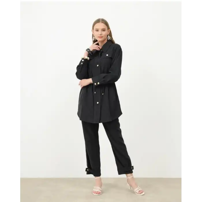 Siyah Süet pantolonlu ikili takım