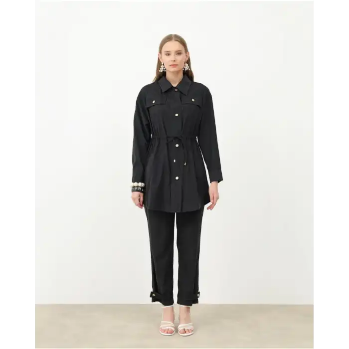 Siyah Süet pantolonlu ikili takım