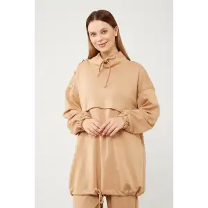 Bej Omuz Düğmeli İp Detaylı Spor Takım
