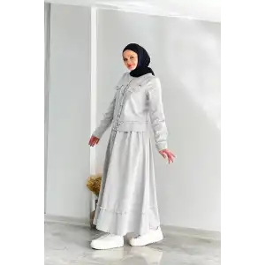 GRİ Doğal Şıklığın İmzası Boydan Düğmeli Kot Etek Takım