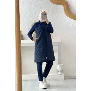 LACİVERT Kapitone Zarafetiyle Kapüşonlu Üçlü Takım