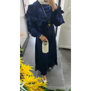 Lacivert Çiçek detaylı elbise