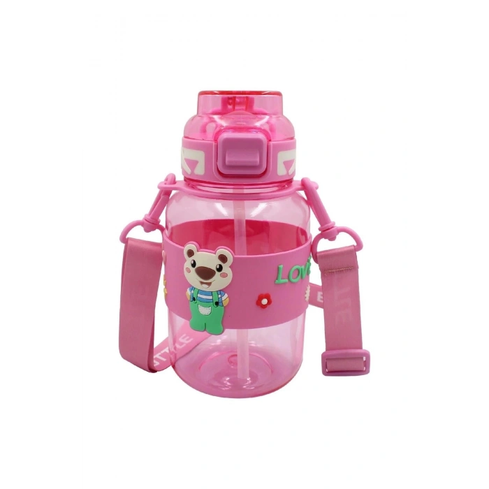 Noki Kids Su Matarası Pembe Petg Pipetli Kapak Ayıcık Silikon Kemerli Askılı 800 ml