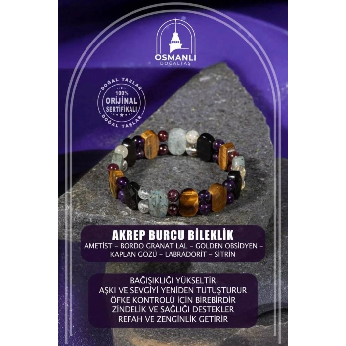 Akrep Burcu Bileklik Ametist, Bordo Granat Lal, Golden Obsidyen, Kaplan Gözü, Labradorit, Sitrin