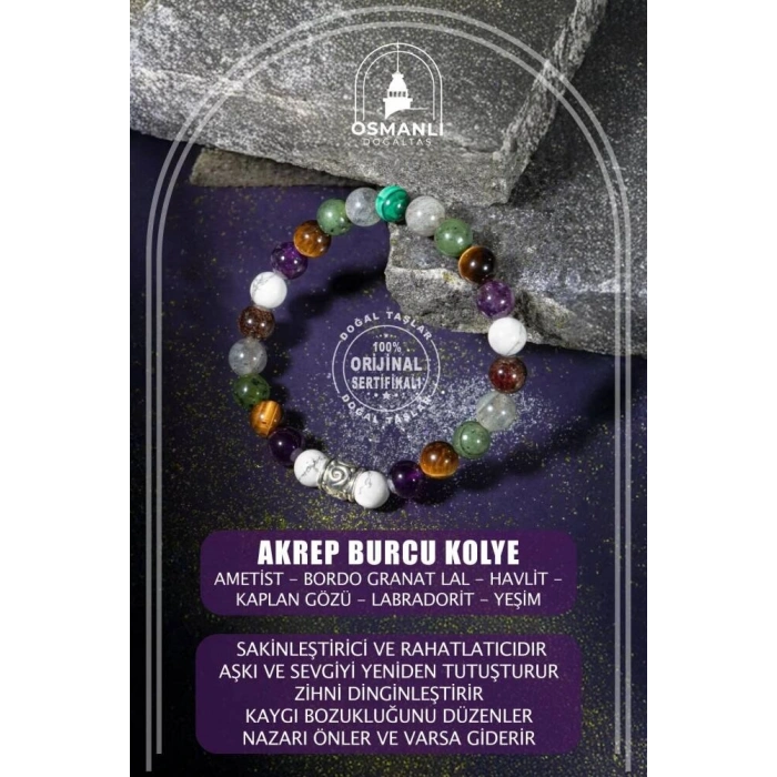 Akrep Burcu Bileklik Ametist, Bordo Granat Lal, Havlit, Kaplan Gözü, Labradorit, Yeşim