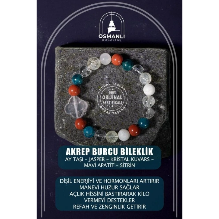 Akrep Burcu Bileklik Ay Taşı, Jasper, Kristal Kuvars, Mavi Apatit, Sitrin