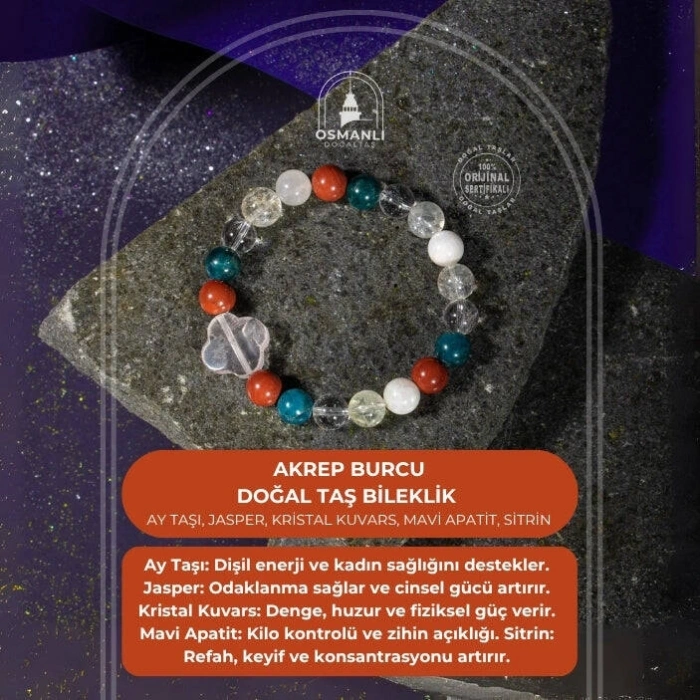 Akrep Burcu Bileklik Ay Taşı, Jasper, Kristal Kuvars, Mavi Apatit, Sitrin