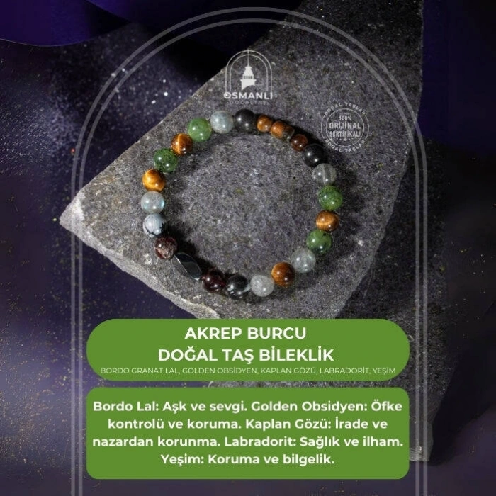 Akrep Burcu Bileklik Bordo Granat Lal, Golden Obsidyen, Kaplan Gözü, Labradorit, Yeşim