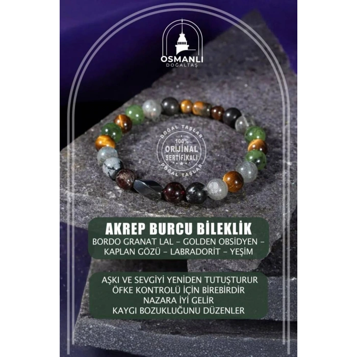 Akrep Burcu Bileklik Bordo Granat Lal, Golden Obsidyen, Kaplan Gözü, Labradorit, Yeşim