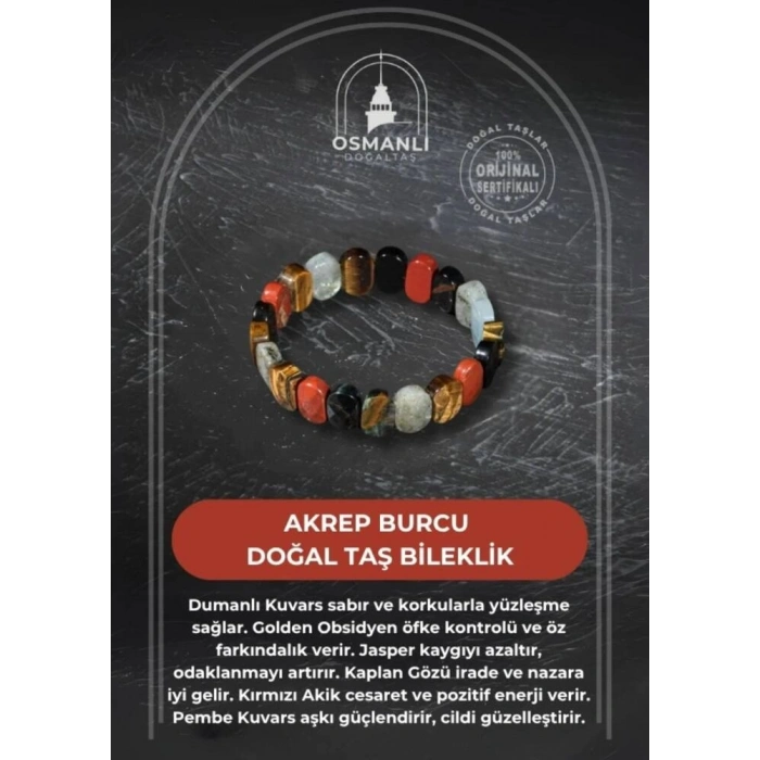 Akrep Burcu Bileklik Dumanlı Kuvars, Golden Obsidyen, Jasper, Kaplan Gözü, Kırmızı Akik, Pembe Kuvars