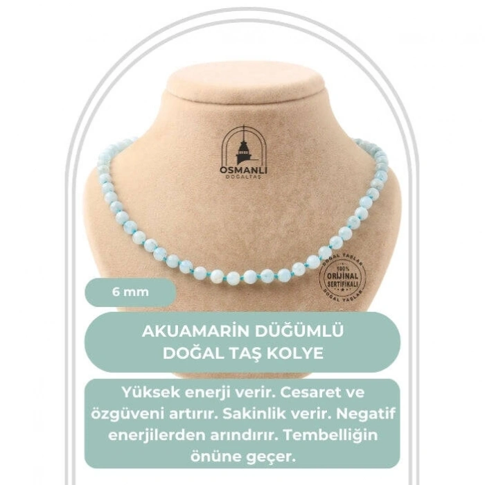 Akuamarin 6 mm Düğümlü Doğal Taş Kolye