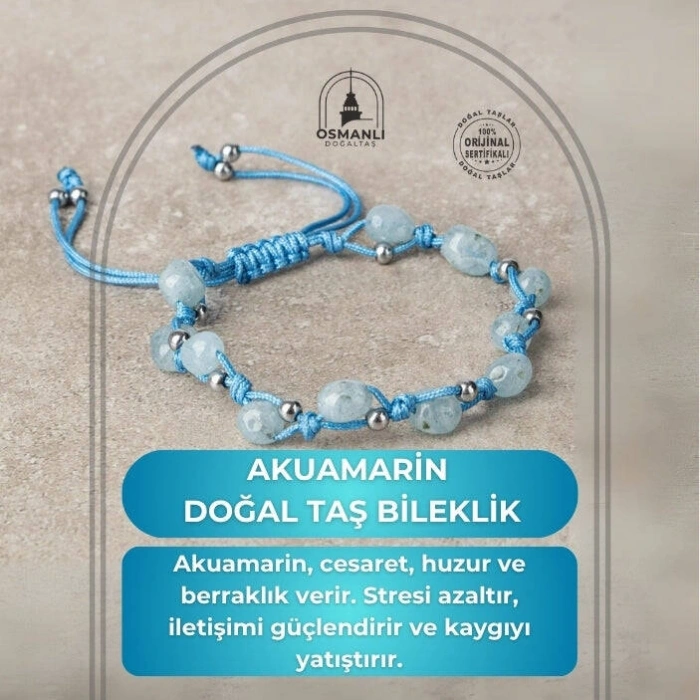 Akuamarin Natürel Kesim Doğal Taş Makrome Bileklik